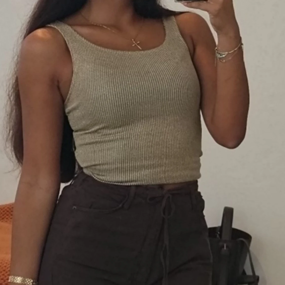 Beige ribbed shimmer linnetopp - 2