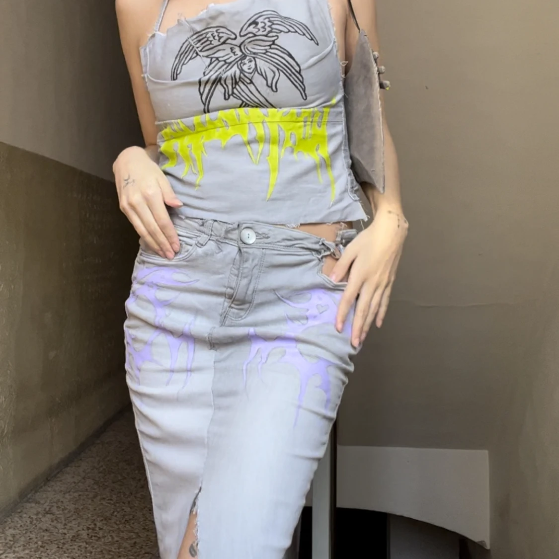 Upcycled handpainted denim set - 91