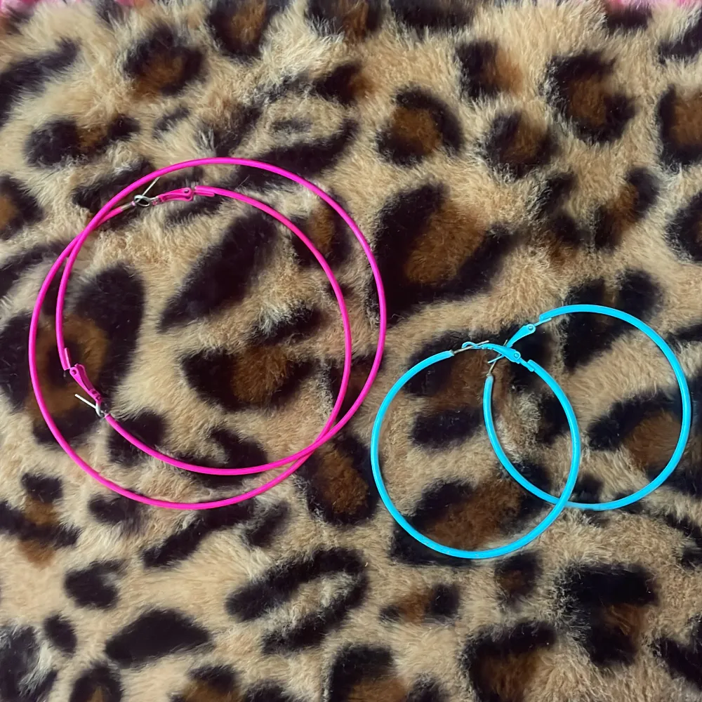 Coola hoops i blå och rosa, säljer helst tillsammans men annars kostar de 30 kr styck och 50 för båda! De blåa är ifrån 2000 talet!. Accessoarer.