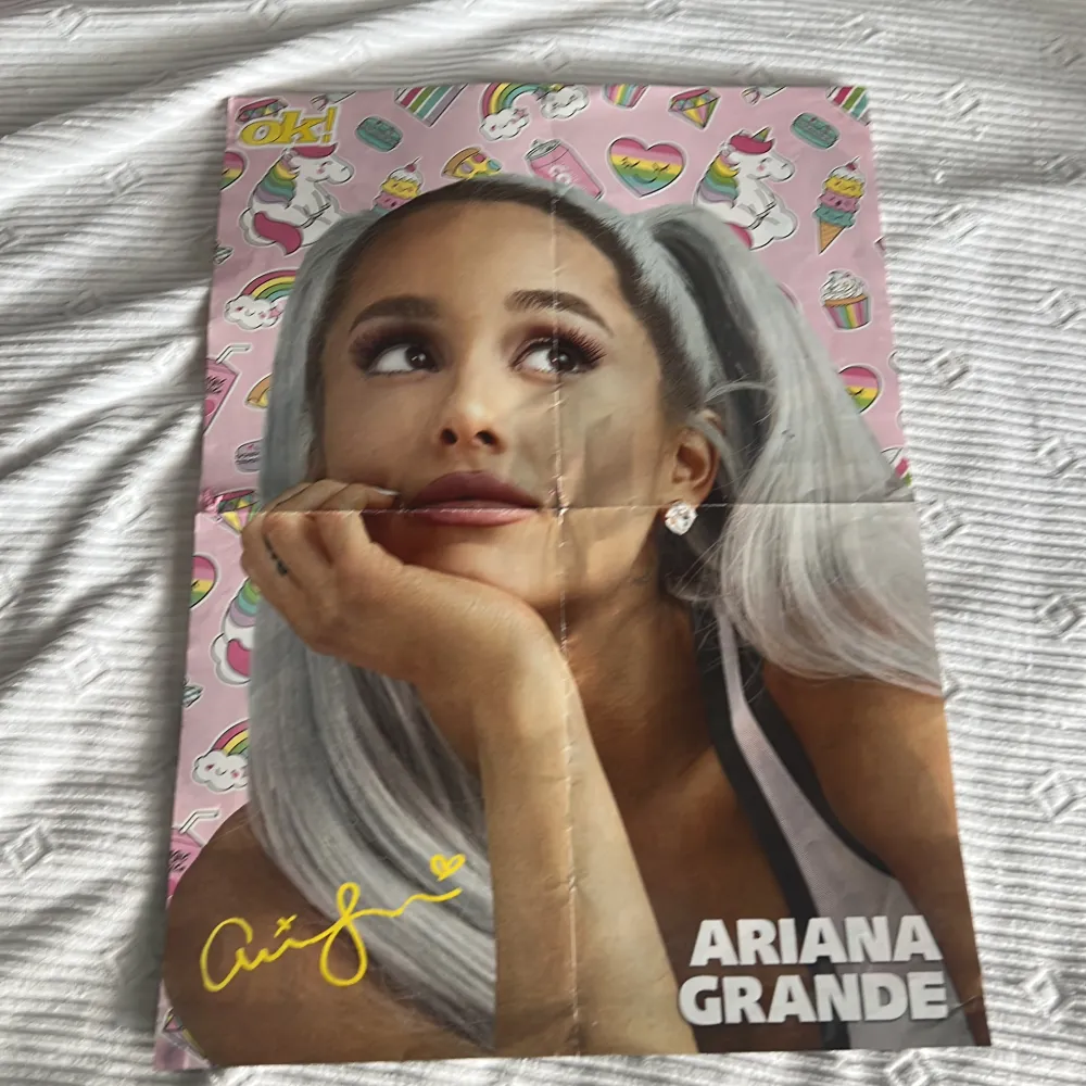 Den har lite skador men inte så ståra skador, ja det finns Ariana Grande på baksidan, priset är 50kr plus frakt! . Accessoarer.