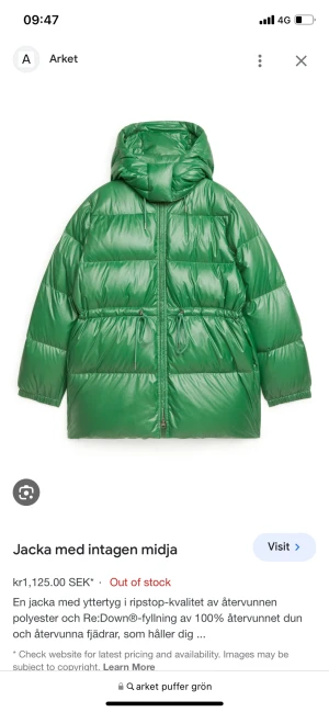 Arket puffer / dunjacka  - Populär slutsåld dunjacka i underbar grön från ARKET. Storlek xs. Använd endast 2 ggr så i perfekt nyskick! 💚