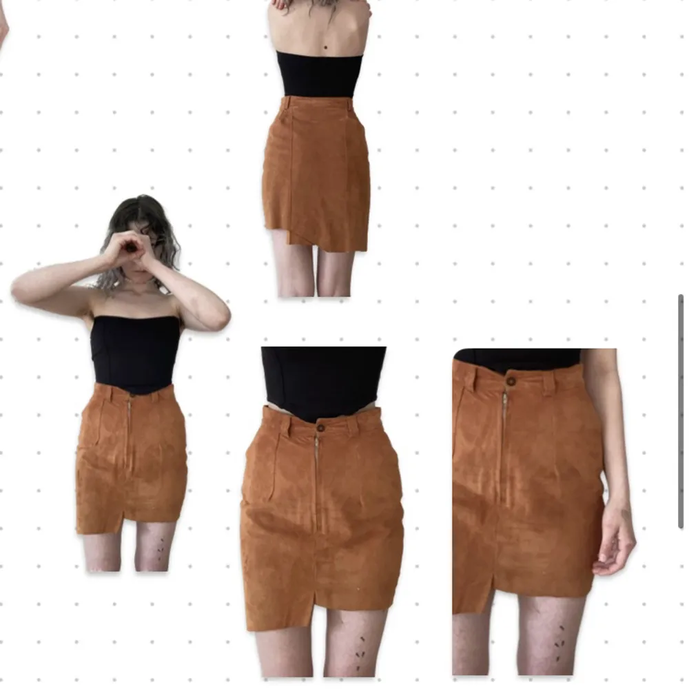 välgjord kjol i skinn orange/brun, bilderna gör den rättvisa assymetrisk, kängre på ena sidan. Kjolar.