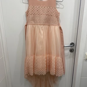 Rosa klänning - En lång rosa klänning med ett litet släp. Har fina broderier längs kanterna av kjolen och på överdelen. Fakediamanter och pärlor finns också på överdelen. Det är en tyllklänning som man kan ta på sig vid fester eller något annat stort firande.