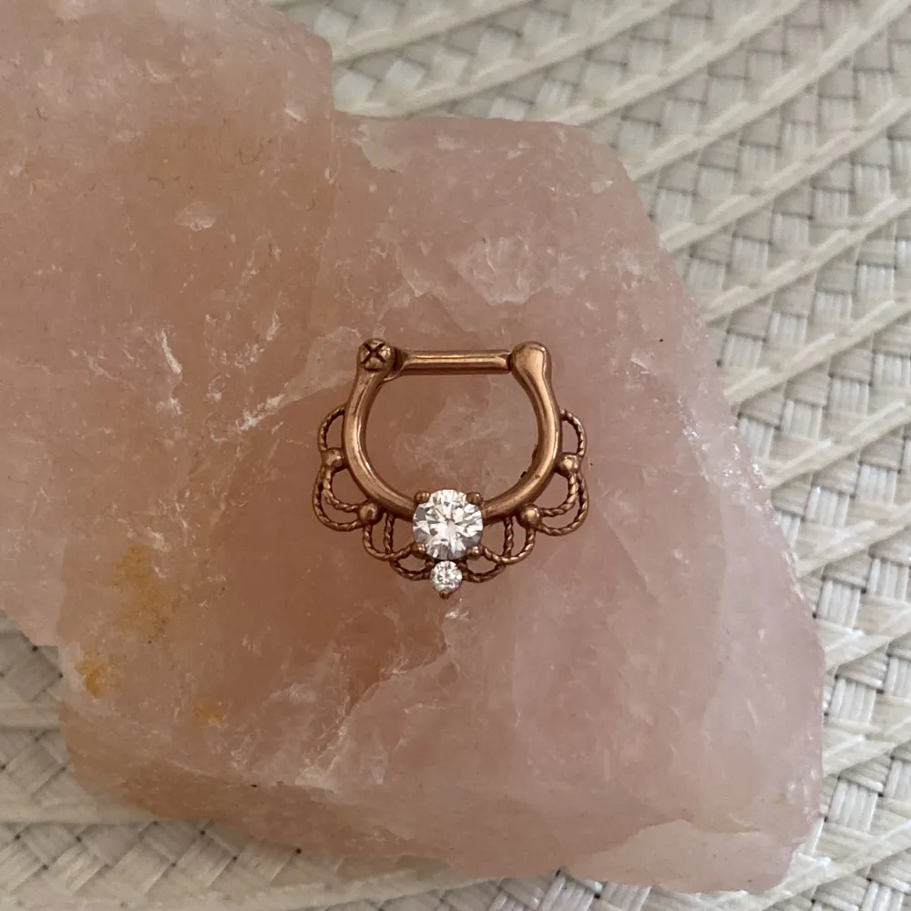 säljer nu denna superfina septumpiercingen i roséguld🌙 den är gjord av 100% stainless steel och har två zycronakristaller<3 aldrig använd🪬. Accessoarer.