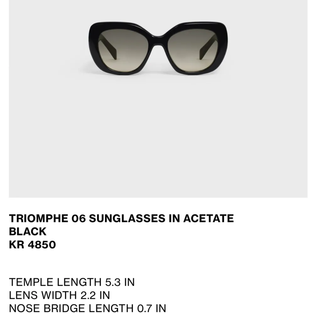 Endast testade Celine Triomphe 06 solglasögon. Allt medföljer. Fick i present men säljer då de ej kommer till användning  Nypris 4850 sek. Övrigt.