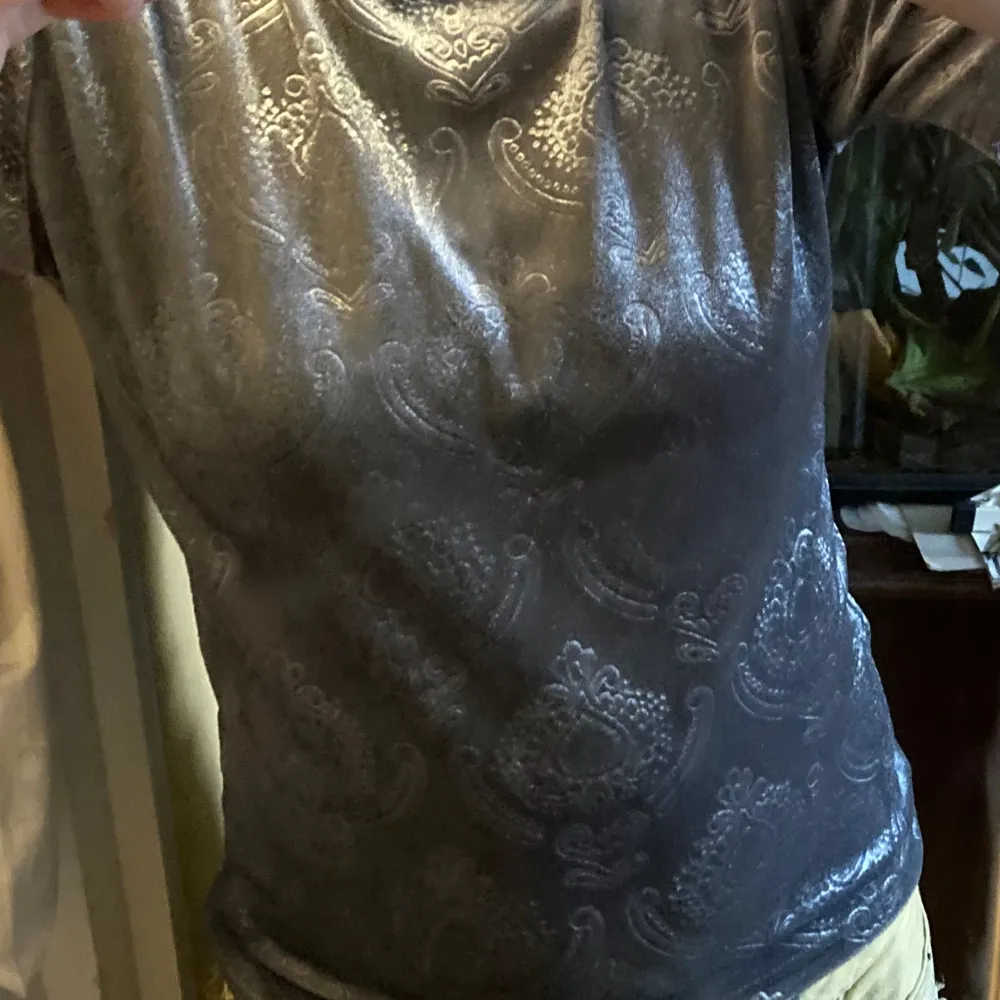 Kortärmad, silverfärgad t-shirt med krage i storlek S av sammetsliknande tyg!!!. T-shirts.