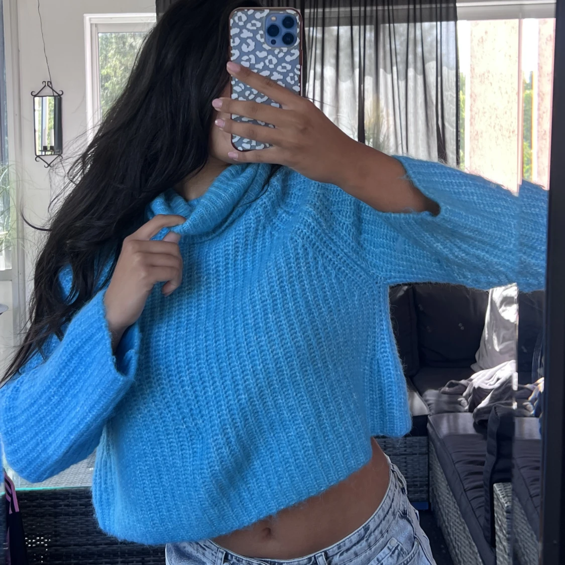 Blå stickad polo - 90