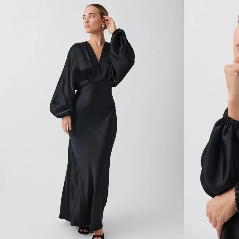 Säljer denna super snygga svarta långklänningen från ginatricot, den är i satin och har ballongärmar😍perfekt längd så man precis ser fötterna💞 helt slutsåld och nypris är 700 kr🫶🏼går inte ner i pris!!. Klänningar.