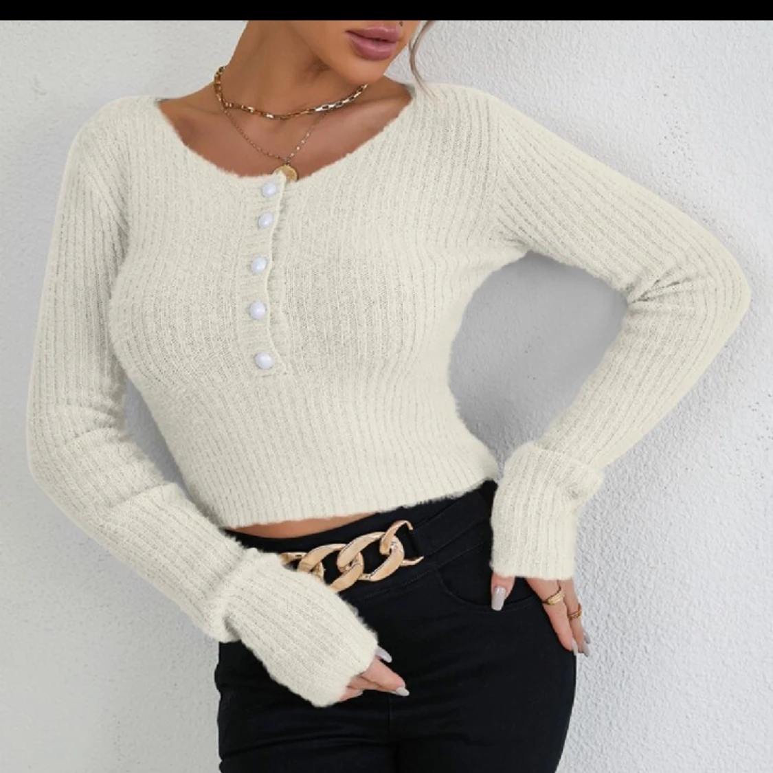 Shein - Rib-knit Framsida Knappar Slätt Enkel Tröja