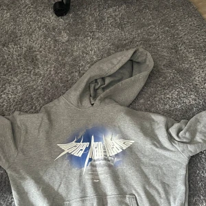 Grå hoodie me tryck - Rätt flitigt använd men inget synligt, Nypris 799kr säljer för 499kr Storlek M men stor i storleken så funkar bra för L