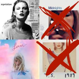 säljer olika Taylor Swift vinyler! säljer endast för att de spelas aldrig längre hos mig. Inte spelade mer än 5 gånger. Bra skick!  Reputation: 399kr  Lover: 399kr  1989: SÅLD.  Midnights: SÅLD. Hör av dig vid frågor/bilder på dem! 🙏🏻❣️