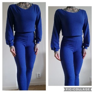 Loungewear lounge wear set tracksuit blå zara - Kulörrikt blått set i mjukt följsamt och figursmickrande stretchmaterial.  Hög midja på byxorna, något lätt "trumpeteffekt" vid ärmsluten.  Storlek S