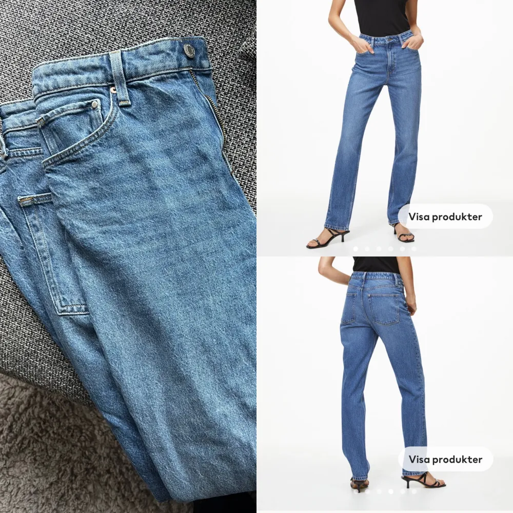 Säljer ett par fina jeans från HM. Modell slim straight ultra high i färgen ljus denimblå. Stl 42. Använda några gånger innan de blev för stora för mig. Nypris 349kr, säljes för 120kr.   Kan hämtas i Uppsala eller fraktas mot frakt kostnad. . Jeans & Byxor.