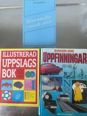 Tre faktaböcker om uppslagsverk och uppfinningar - Paket med tre böcker: 'Behovsanlays i socialt arbete' i ljusblått mjukband, 'Illustrerad uppslagsbok' med färgglad framsida och 'Boken om uppfinningar' med blått hårdband och bilder på tekniska prylar. Perfekt för dig som gillar fakta och att lära dig nya saker.