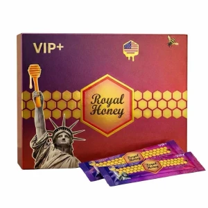Royal Honey VIP+  - Säljer en förpackning Royal Honey VIP+ med portionspåsar. Lådan är lila och guld med frihetsgudinnan och honungstema. Amerikansk honung med söt kokosnötssmak. Perfekt för dig som vill ha något extra till te eller mellanmål.