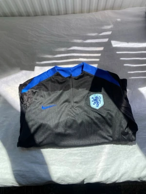 Svart och blå Nike träningströja - Snygg svart träningströja från Nike med blå detaljer på axlar och krage. Tröjan har halv dragkedja framtill och ett klubbmärke med lejon på bröstet. Perfekt för träning eller uppvärmning. Tillverkad i ett lätt och funktionellt material.Pris kan diskuteras 