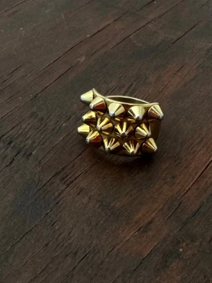 Guldig ring med nitar Edblad - Säljer ”Edblad Peak Ring Gold”, den är i fint skick men tappat lite färg längst upp som man ser. Storlek 17,50, färg Guld.