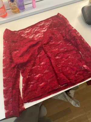Röd spetsblus med lång ärm - Snygg röd blus i spets med långärmad design och v-ringad front. Blusen är transparent och har en feminin volangdetalj framtill. Perfekt för dig som vill ha en statement topp med lite extra edge. den e från shein och jag säljer för den e för stor❤️ Aldrig andvönd