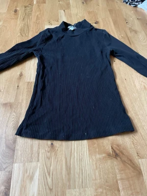 Svart ribbad tröja från H&M - Svart långärmad tröja från H&M i ribbad, stretchig kvalitet. Tillverkad i ekologisk bomull och har en enkel, stilren design med högre krage. Perfekt att matcha med jeans eller kjol för en clean look.
