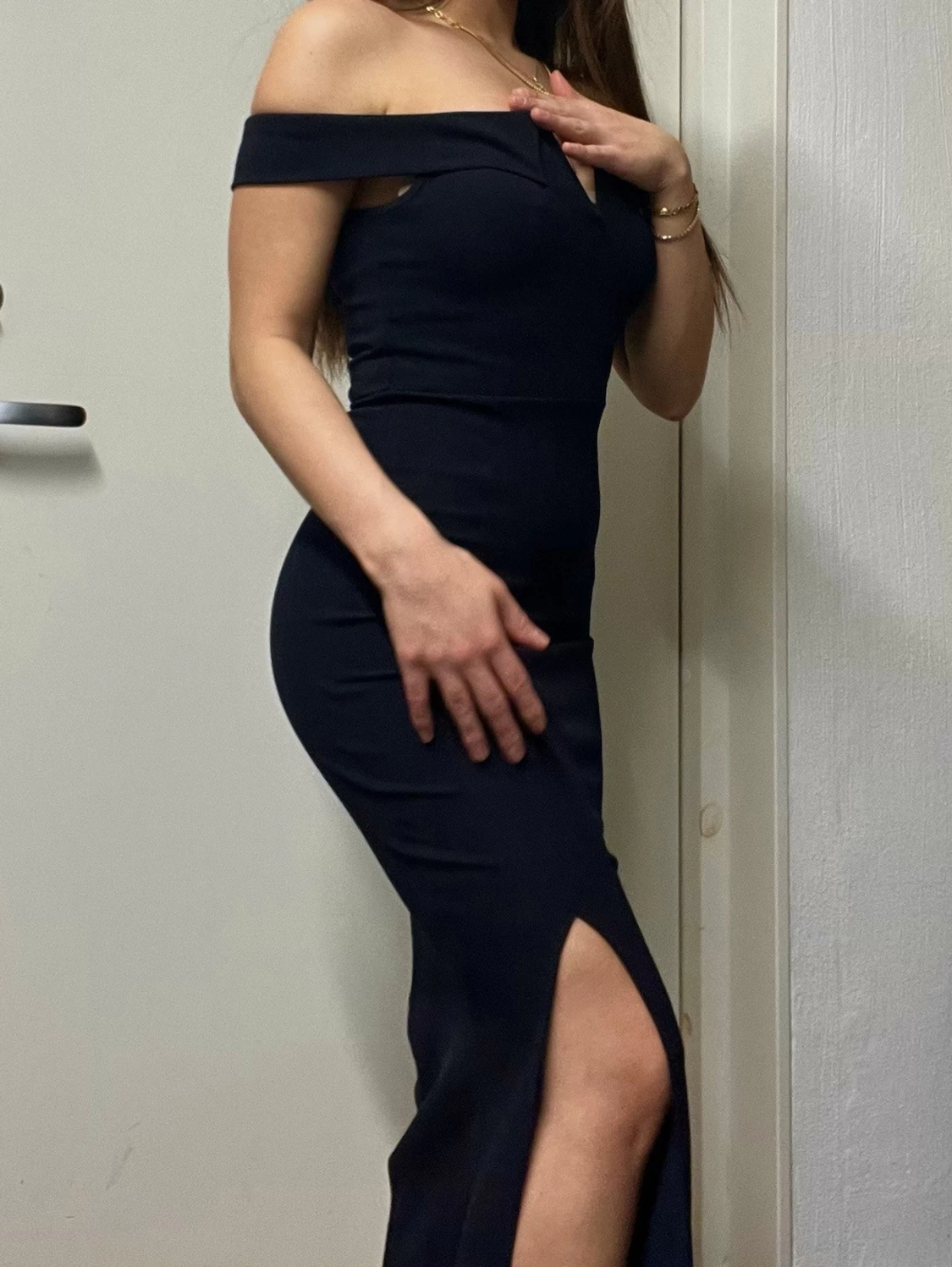 Marinblå offshoulder långklänning - 2