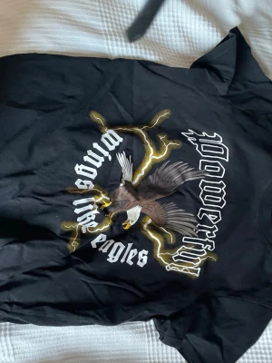 Svart t-shirt med örntryck FB Sister - Cool svart t-shirt från FB Sister med stort tryck av en flygande örn, blixtar och texten 'Powerful wings like eagles' på framsidan. Klassisk passform och rund hals. Perfekt för dig som gillar statement-plagg.