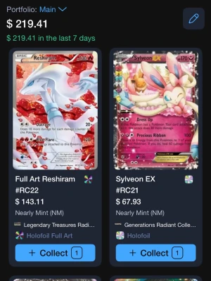 Pokémonkort Reshiram & Sylveon EX - Två Pokémonkort: Full Art Reshiram och Sylveon EX. Reshiram har en vit och röd design med holofoil-effekt, medan Sylveon EX är rosa och glittrig. Båda är från Radiant Collection och har snygga illustrationer och holografiska detaljer.