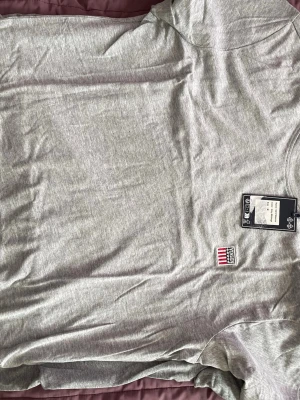 Grå t-shirt med broderad logga - Snygg grå t-shirt i bomull med rund hals och korta ärmar. På bröstet finns en broderad logga med röda och vita ränder samt texten 'Vinsmka'. Halsringningen har en diskret randig detalj i rött och vitt. Perfekt basplagg till garderoben.