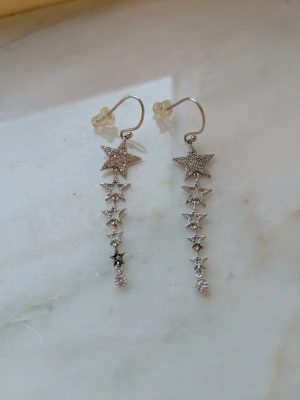 Silvriga stjärnörhängen med strass - Långa, hängande örhängen i silverfärg med flera små stjärnor på rad. Varje stjärna är täckt av gnistrande strass som ger ett riktigt snyggt och glittrigt intryck. Örhängena har krokfäste med genomskinlig plupp. Perfekta för dig som gillar statement-smycken och stjärntema.