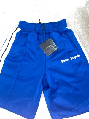 Blå Palm Angels shorts med vita ränder - Snygga blå shorts från Palm Angels med vita sidoränder och logga tryckt på vänster ben. De har elastisk midja och sportig look, perfekta för en avslappnad streetwear-stil. Materialet är mjukt och känns bekvämt mot huden.