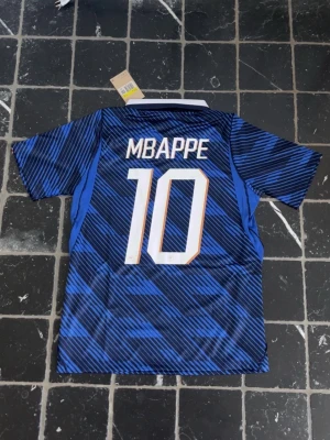 Frankrike Mbappé matchtröja blå - Snygg blå matchtröja från Nike med Mbappé och nummer 10 på ryggen. Tröjan har vita detaljer, fransk landslagssköld och korta ärmar. Perfekt för fotbollsfans som vill visa sitt stöd för Frankrike och Mbappé.