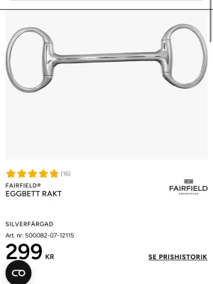 Silverfärgat rakt eggbett Fairfield - Säljer ett rakt eggbett från Fairfield i silverfärgad metall. Bettet har ovala ringar och en slät, rak stång. Perfekt för dig som rider och vill ha ett klassiskt och stilrent bett till hästen. Sällan använt så fint skick. Jag tror de är storlek 12mm 115. 