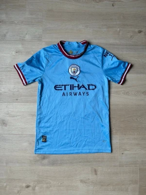 Manchester City Fotbollströja 22/23 Julian Alvarez Hemmatröja Storlek S - Mycket fin fotbollströja i blå färg. Tröjan är i mycket bra skick och sparsamt använda. |  Äkta som allt annat jag säljer! ✅ |  Storlek: S | Skick: Mycket Bra Skick - Tyvärr har trycket börjat släppt litegrann på numret på baksidan och lite skrynklig (SE SISTA BILD) | Färg: Blå | Märke: Puma | Modell: Fotbollströja |   Hör gärna av dig vid frågor så svarar jag så fort jag kan! 😄