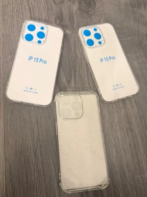 iPhone 15 pro - 3 helt oanvända genomskinliga skal, passar säkert fler modeller. En är mer tålig med bättre skydd på kanterna