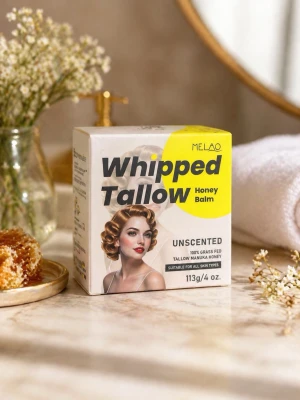 Whipped Tallow Honey Balm från Melao - Whipped Tallow Honey Balm från Melao är en oparfymerad balm med 100% gräsbetat talg och manukahonung. Passar alla hudtyper och kommer i en vit och gul förpackning med modern design. Perfekt för dig som vill ha naturlig hudvård.