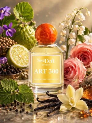 SweDoft ART 300 Eau de Parfum - SweDoft ART 300 är en exklusiv parfym i ModernArt Collection. Flaskan är transparent med guldiga detaljer och har en rund orange kork. Doften har inslag av citrus, ros, vanilj och kryddor. Levereras i elegant vit och guldig förpackning. Perfekt för dig som gillar unika och fräscha dofter.