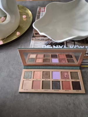 Anastasia ögonskuggspalett med spegel - Snygg ögonskuggspalett från Anastasia Beverly Hills med 12 olika nyanser, inklusive grönt, lila, guld, brunt och persika. Paletten har en stilren grön textilklädd utsida och inbyggd spegel. Perfekt för att skapa kreativa ögonlooker. Testad en gång, swatchad. En fin palett.