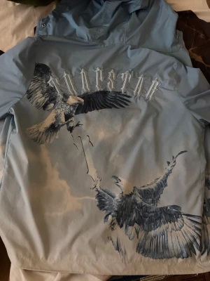 Blå vindjacka med örntryck - Snygg ljusblå vindjacka med stor grafisk örnprint på ryggen och texten 'TRAPSTAR' i vitt. Jackan har huva och dragkedja framtill. Materialet är tunt och vindtätt, perfekt för blåsiga dagar. Unik design som sticker ut.