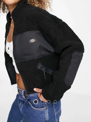 Svart teddyjacka från Dickies - Cool svart teddyjacka från Dickies med kontrasterande paneler i nylon på bröst och ärmar. Jackan har hög krage, dragkedja framtill och praktiska fickor med dragkedja. Perfekt för att hålla sig varm och samtidigt se stylish ut! Storlek S. Använd men bra skick 