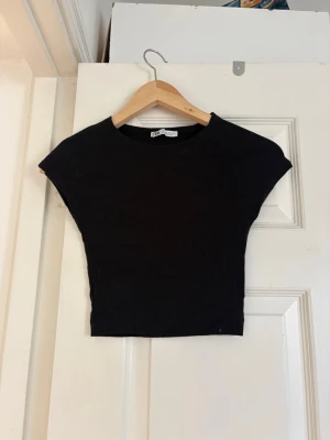 Svart croppad topp från Zara - En enkel och stilren svart croppad topp från Zara. Toppen är ärmlös med rund hals och har en tight passform som framhäver siluetten.