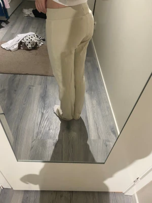 Beige mjukisbyxor med dragsko - Säljer ett par beige mjukisbyxor med rak passform och dragsko i midjan. Byxorna är tillverkade i ett mjukt och bekvämt material, perfekta för chill dagar. De har en enkel och stilren design utan synliga loggor eller detaljer.