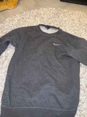 Mörkgrå sweatshirt från Nike - Mörkgrå sweatshirt från Nike med klassisk rund halsringning och diskret Nike-logga broderad på bröstet. Tröjan har långa ärmar och ribbade muddar vid ärmslut och nederkant. Perfekt för en avslappnad och sportig stil.