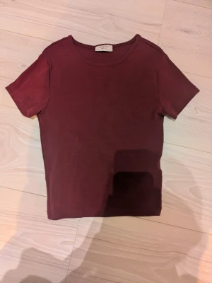 Vinröd basic t-shirt från Gina Tricot - En enkel och stilren vinröd t-shirt från Gina Tricot, basically basics-kollektionen. T-shirten har rund halsringning och korta ärmar. Perfekt att matcha med jeans eller kjol för en clean look. T-shirten är i ett kortare slag, 46 cm från högst upp till längs ned.