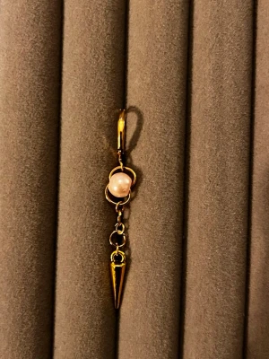 Guldörhänge med pärla och spets - Unikt örhänge i guldfärgad metall med en rund vit pärla och en hängande spetsig detalj. Örhänget har en modern design med flera ringar och en cool, edgy känsla. Perfekt för dig som vill sticka ut med dina accessoarer.