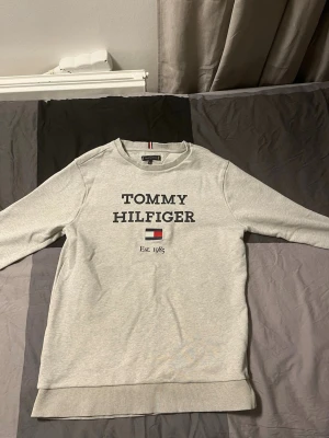 Grå sweatshirt från Tommy Hilfiger - Snygg grå sweatshirt från Tommy Hilfiger med klassisk logga och text på bröstet. Tröjan har rund halsringning, ribbade muddar och en liten broderad flagga. Perfekt för en avslappnad och stilren look. Passar 170 bäst 