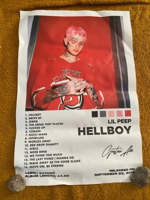 Lil Peep Hellboy poster - Poster med motiv från Lil Peeps mixtape Hellboy. Bilden visar Lil Peep i röd tröja med New Jersey Devils-logga och rosa hår. Postern har låtlista, färgpalett och tryckt signatur. Perfekt för fans av hiphop och alternativ musik.