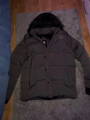 Grå dunjacka från Canada Goose - Säljer en grå dunjacka från Canada Goose med stor huva och snygga detaljer. Jackan har ett klassiskt Canada Goose-märke på ärmen, dragkedja och knappar framtill samt två stora fickor. Perfekt för kalla vinterdagar och riktigt varm. Byten kan också vara intressant.