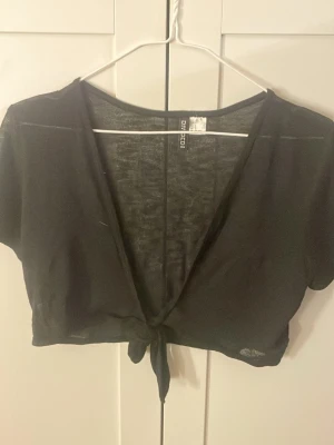 Svart croppad knyt-topp från H&M - Snygg svart croppad topp från H&M Divided med korta ärmar och knyt framtill. Toppen har en djup v-ringning och är perfekt för att skapa en trendig lager-på-lager-look. Enkel och stilren design som passar till mycket.