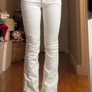 Vita bootcut jeans från True Religion - Säljer ett par vita bootcut jeans från True Religion med snygga fickdetaljer bak och klassisk logga på linningen. Jeansen har låg midja och är tillverkade i ett stretchigt bomullsmaterial som sitter tajt upptill och släpper ut vid benen. Säljs inte längre vad jag vet !!!!