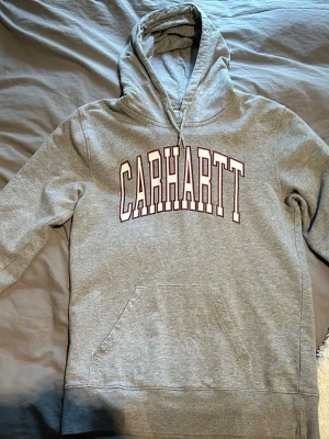 Grå Carhartt hoodie med tryck - Säljer en grå hoodie från Carhartt med stor logga i vitt och rött på bröstet. Klassisk känguruficka framtill och justerbar huva med dragsko. Mjuk bomullsblandning som är skön att ha på sig. Perfekt för en avslappnad och stilren look.