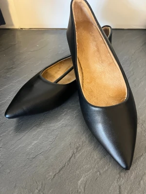 Svarta spetsiga ballerinaskor - Stilrena svarta ballerinaskor med spetsig tå och låg sula. Skorna har en slät ovandel i syntetmaterial och en mjuk, beige innersula för extra komfort. Perfekta för dig som gillar en klassisk och elegant look.
